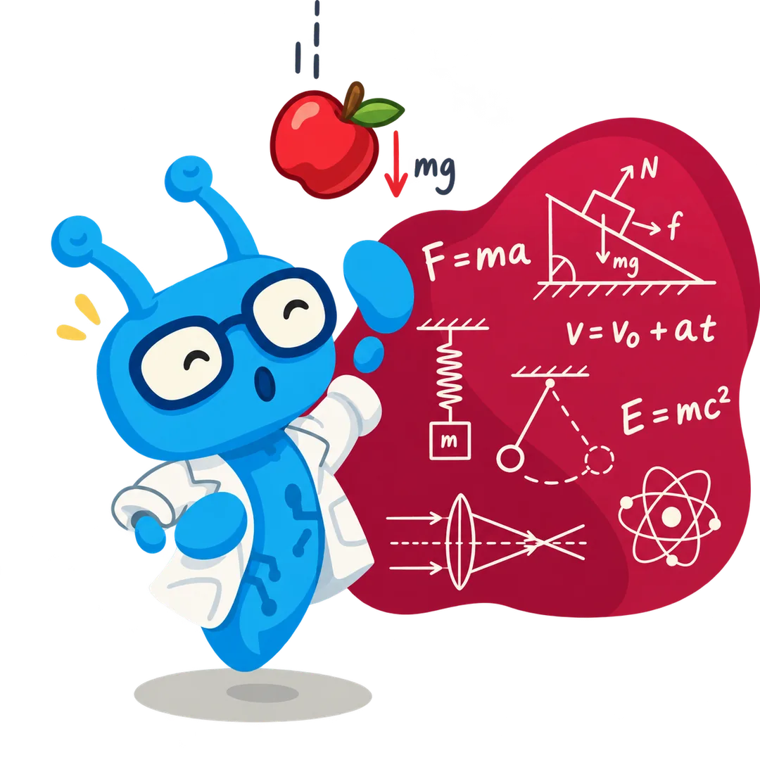 Bit, maskot Coddy, memakai jas lab di samping apel yang jatuh dan papan berisi diagram fisika